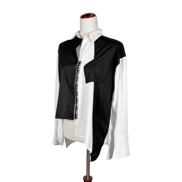 Women's Black White Long Sleeve Shirt Size XL Asymmetrical Michael Tyler NWT - Picture 2 of 4